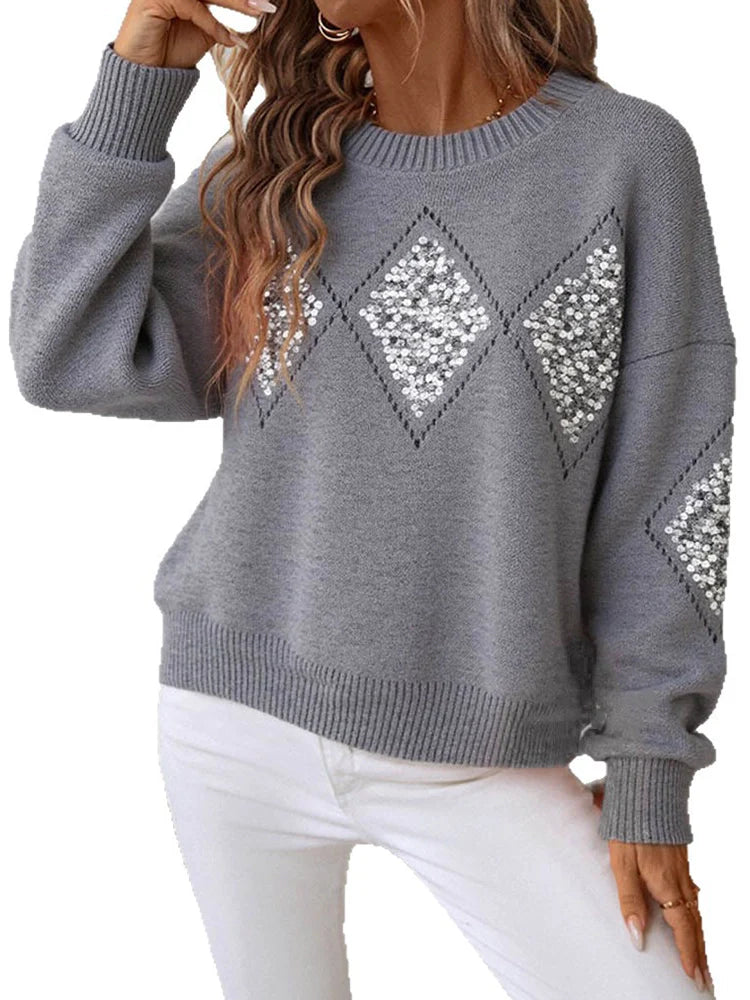 Womens Crew Neck Hollow Out Knit Sweaters Sequin Pullover Tops Timeless Vogue