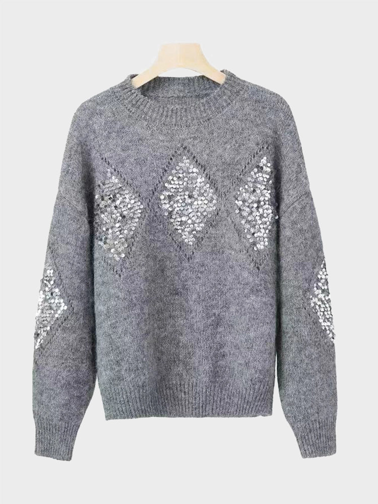 Womens Crew Neck Hollow Out Knit Sweaters Sequin Pullover Tops Timeless Vogue