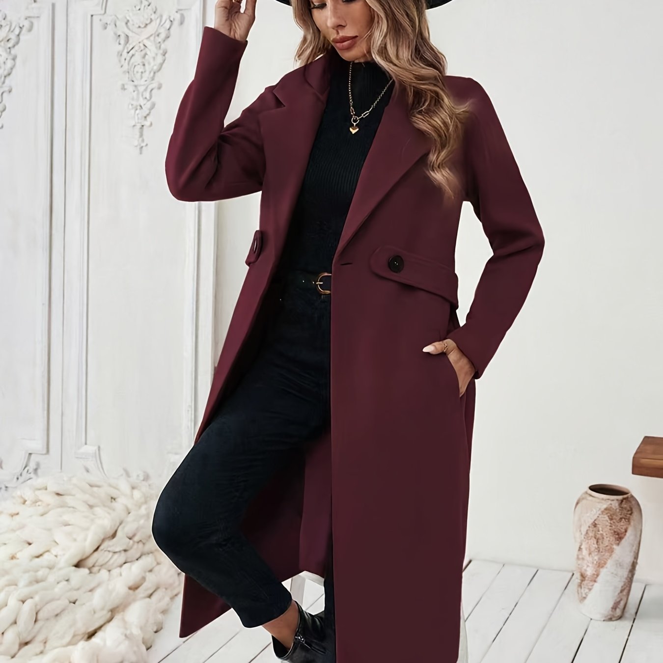 Women's Elegant Long Black Tweed Coat with Adjustable Belt - H-Silhouette Asymmetrical Hem, Machine Washable Winter Trench Coat for Fall & Winter, Office to Evening Versatile Outerwear, Notch Lapel Design
