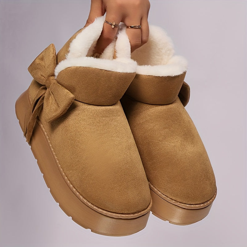 Gezellige Winter Sneeuwlaarzen met Pluche Voering voor Mannen en Vrouwen - Elegante Strikdetail, Zachte Zool, Binnen/Buiten Mode Slippers in Grijs, Roze, Zwart, Beige - Warm Thuis Schoeisel