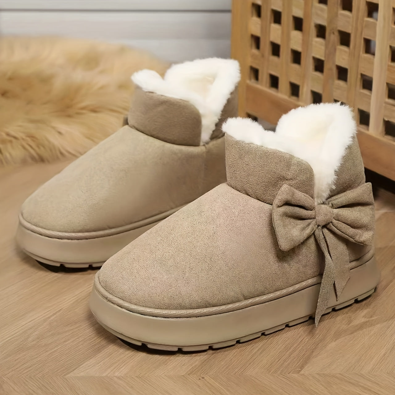 Gezellige Winter Sneeuwlaarzen met Pluche Voering voor Mannen en Vrouwen - Elegante Strikdetail, Zachte Zool, Binnen/Buiten Mode Slippers in Grijs, Roze, Zwart, Beige - Warm Thuis Schoeisel