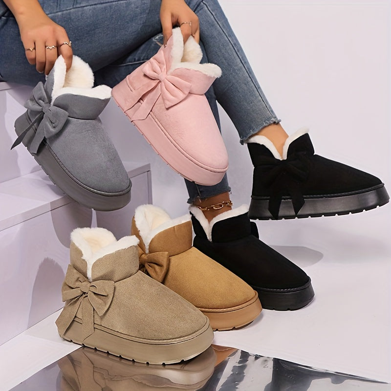 Gezellige Winter Sneeuwlaarzen met Pluche Voering voor Mannen en Vrouwen - Elegante Strikdetail, Zachte Zool, Binnen/Buiten Mode Slippers in Grijs, Roze, Zwart, Beige - Warm Thuis Schoeisel