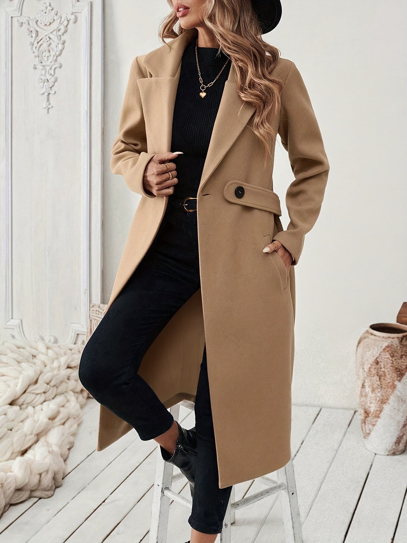 Women's Elegant Long Black Tweed Coat with Adjustable Belt - H-Silhouette Asymmetrical Hem, Machine Washable Winter Trench Coat for Fall & Winter, Office to Evening Versatile Outerwear, Notch Lapel Design