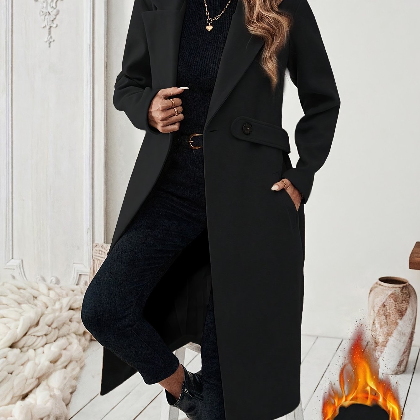 Women's Elegant Long Black Tweed Coat with Adjustable Belt - H-Silhouette Asymmetrical Hem, Machine Washable Winter Trench Coat for Fall & Winter, Office to Evening Versatile Outerwear, Notch Lapel Design