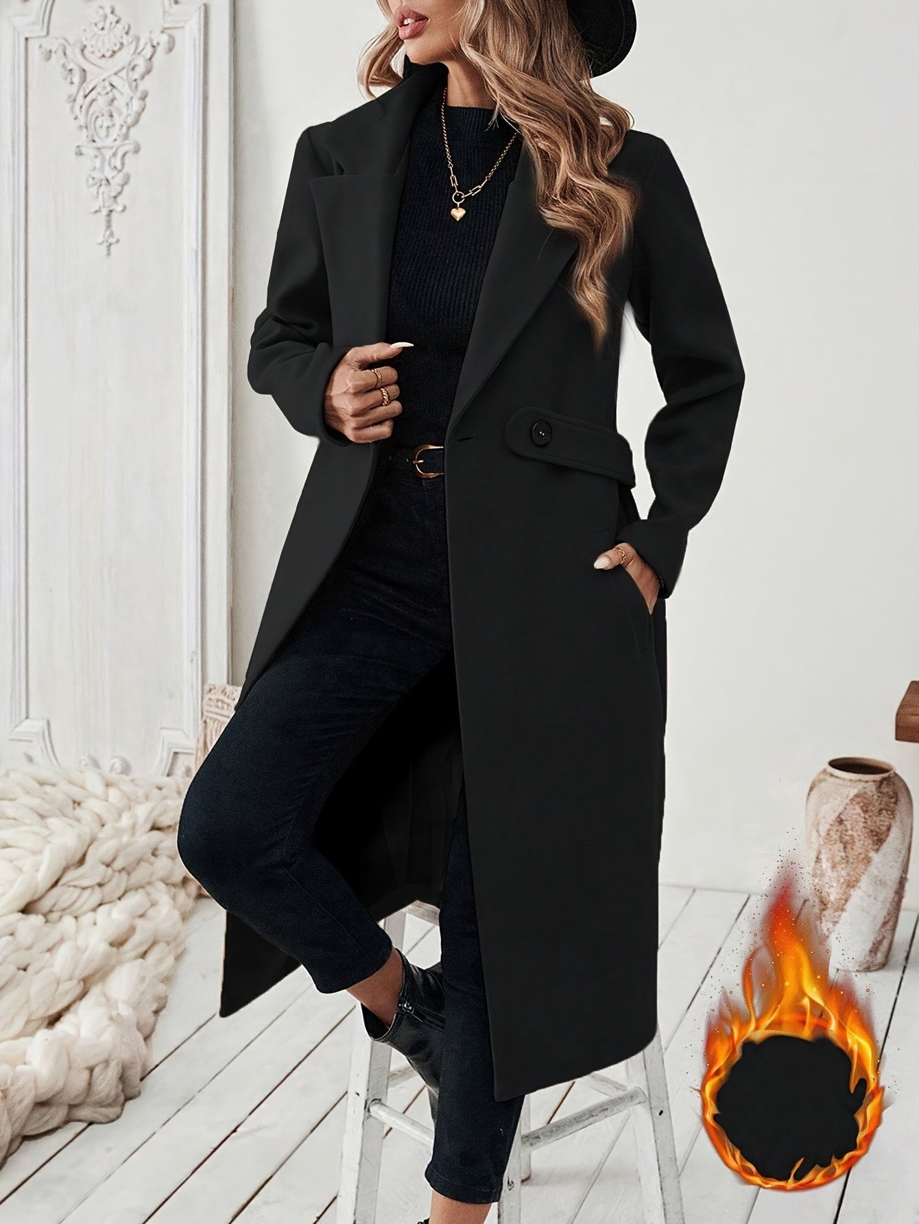 Women's Elegant Long Black Tweed Coat with Adjustable Belt - H-Silhouette Asymmetrical Hem, Machine Washable Winter Trench Coat for Fall & Winter, Office to Evening Versatile Outerwear, Notch Lapel Design