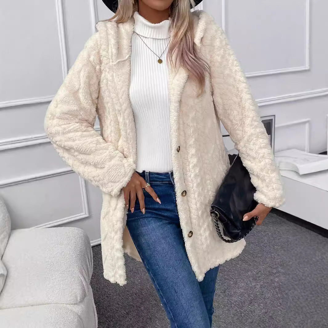 亚马逊temu跨境欧美秋冬女装保暖时尚菱形毛绒连帽开衫外套