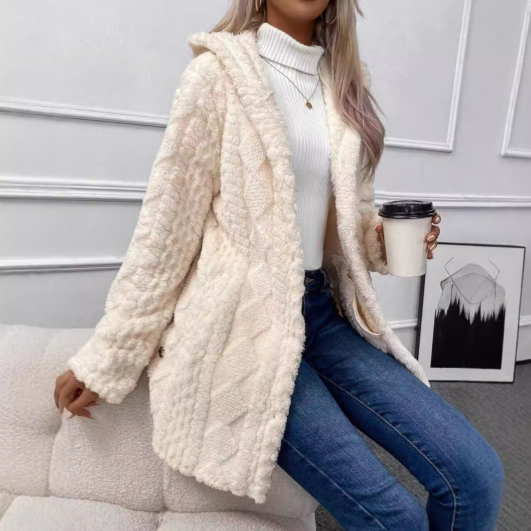 亚马逊temu跨境欧美秋冬女装保暖时尚菱形毛绒连帽开衫外套