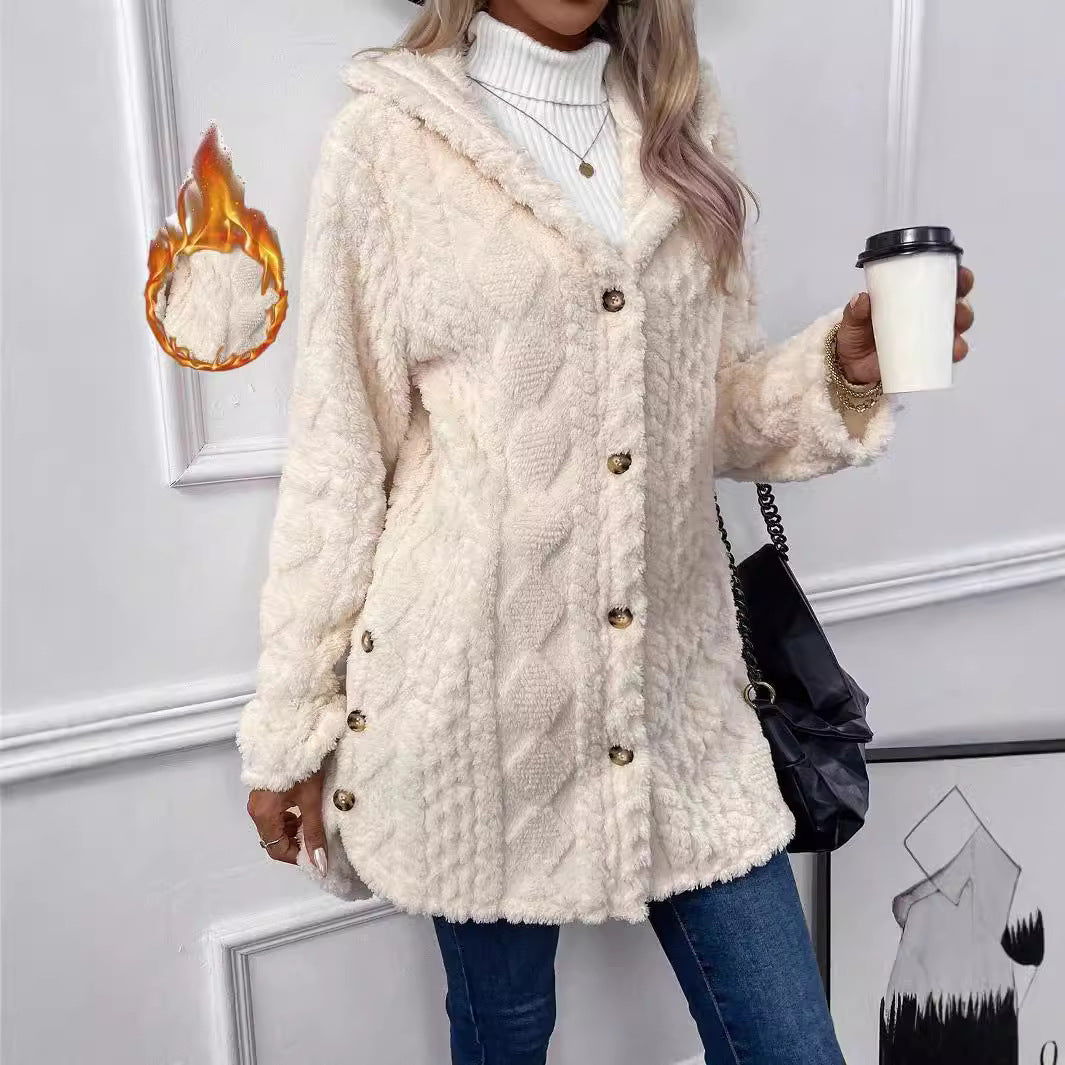 亚马逊temu跨境欧美秋冬女装保暖时尚菱形毛绒连帽开衫外套