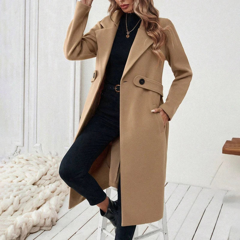 Women's Wool Coat Autumn Winter Casual Lapel Button Belt Long Jacket Woolen Trench Coat Slim-Fit Overcoat