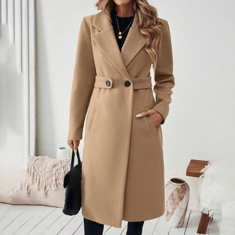 Women's Wool Coat Autumn Winter Casual Lapel Button Belt Long Jacket Woolen Trench Coat Slim-Fit Overcoat