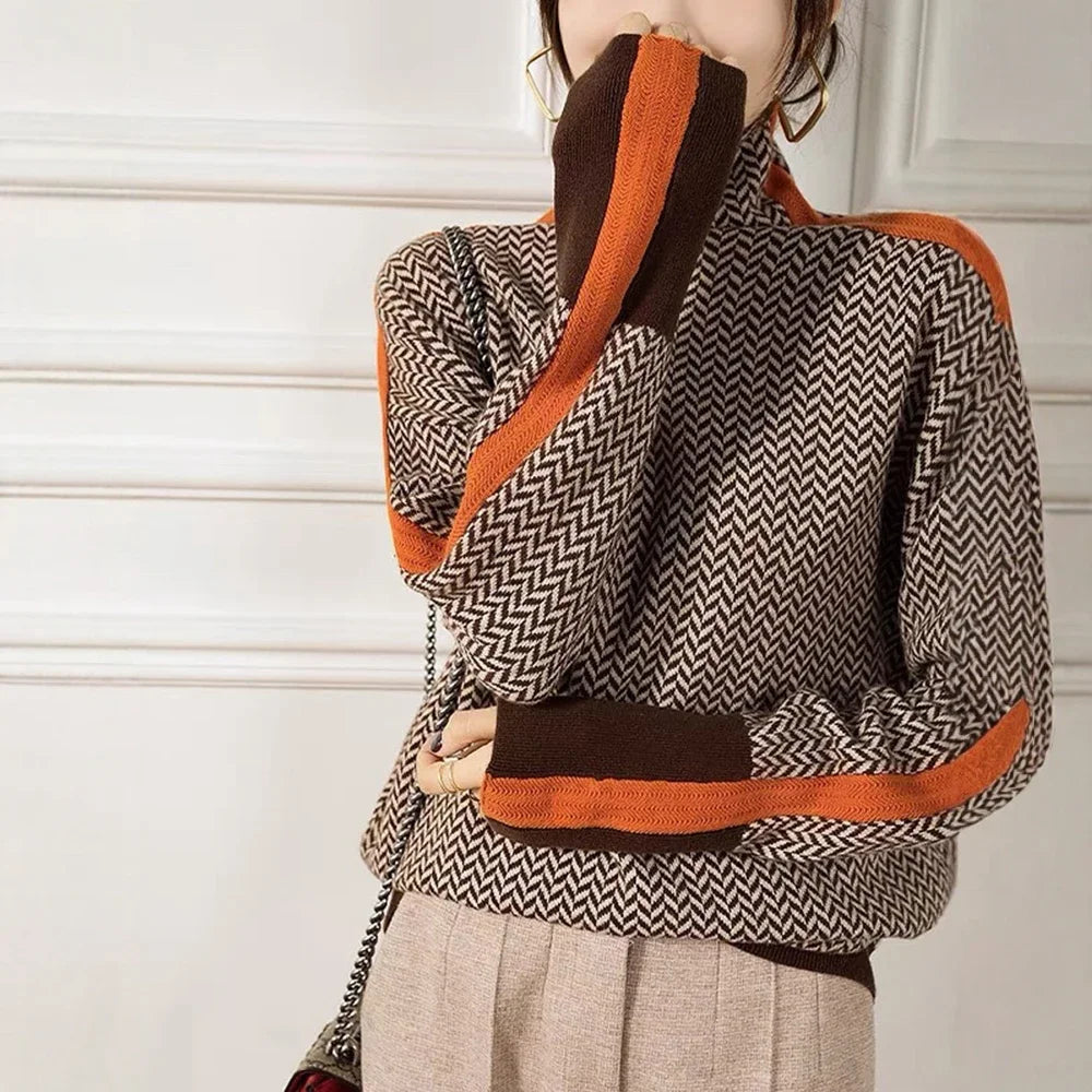 Women's Patchwork Sweaters 2025 Cozy Chic Houndstooth Pattern Contrast Color Blocking Long Sleeve Turtleneck Loose Fit Top