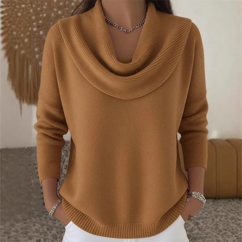 Women Autumn Winter Pullover Sweater New Solid Color Stacked Collar Long Sleeve Comfortable Female Casual Pocket Pullover