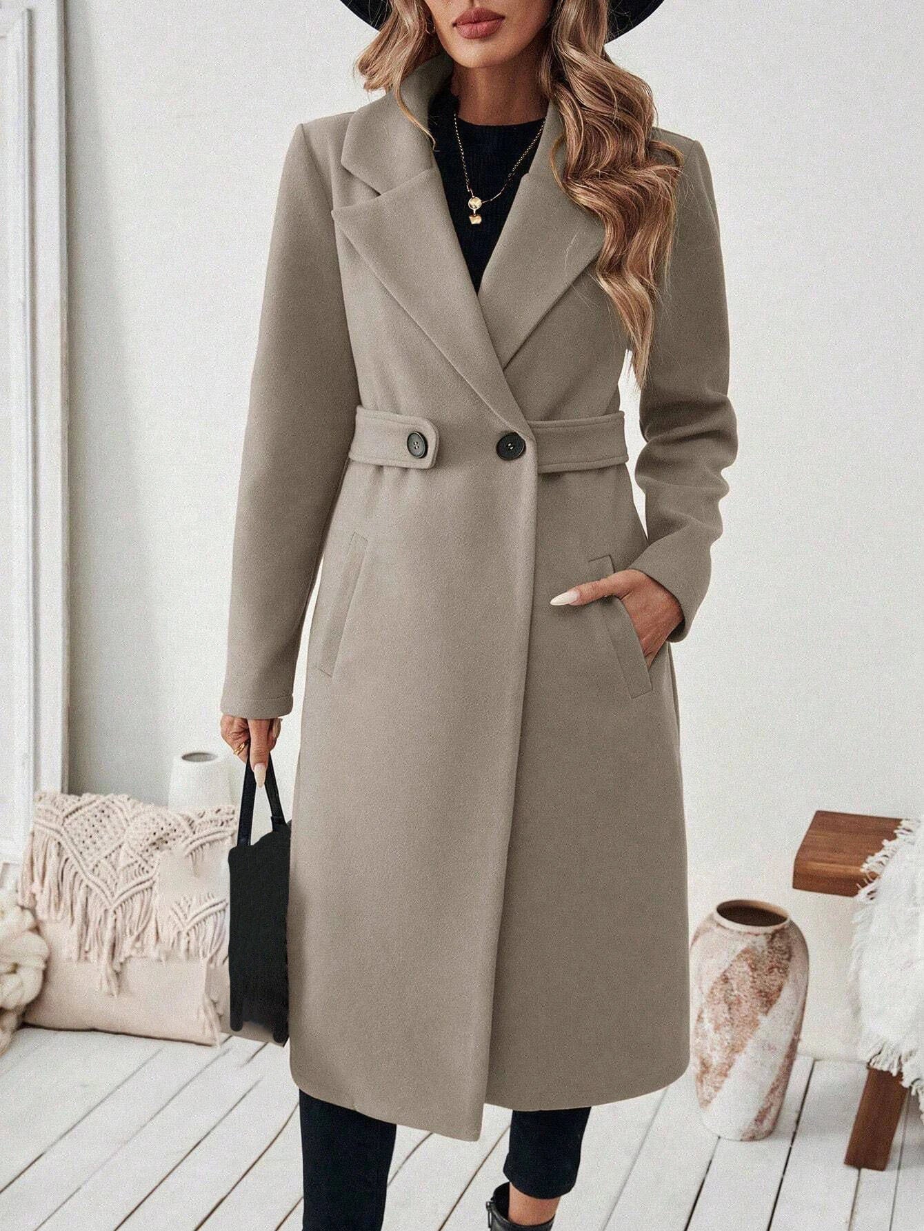 Women's Wool Coat Autumn Winter Casual Lapel Button Belt Long Jacket Woolen Trench Coat Slim-Fit Overcoat