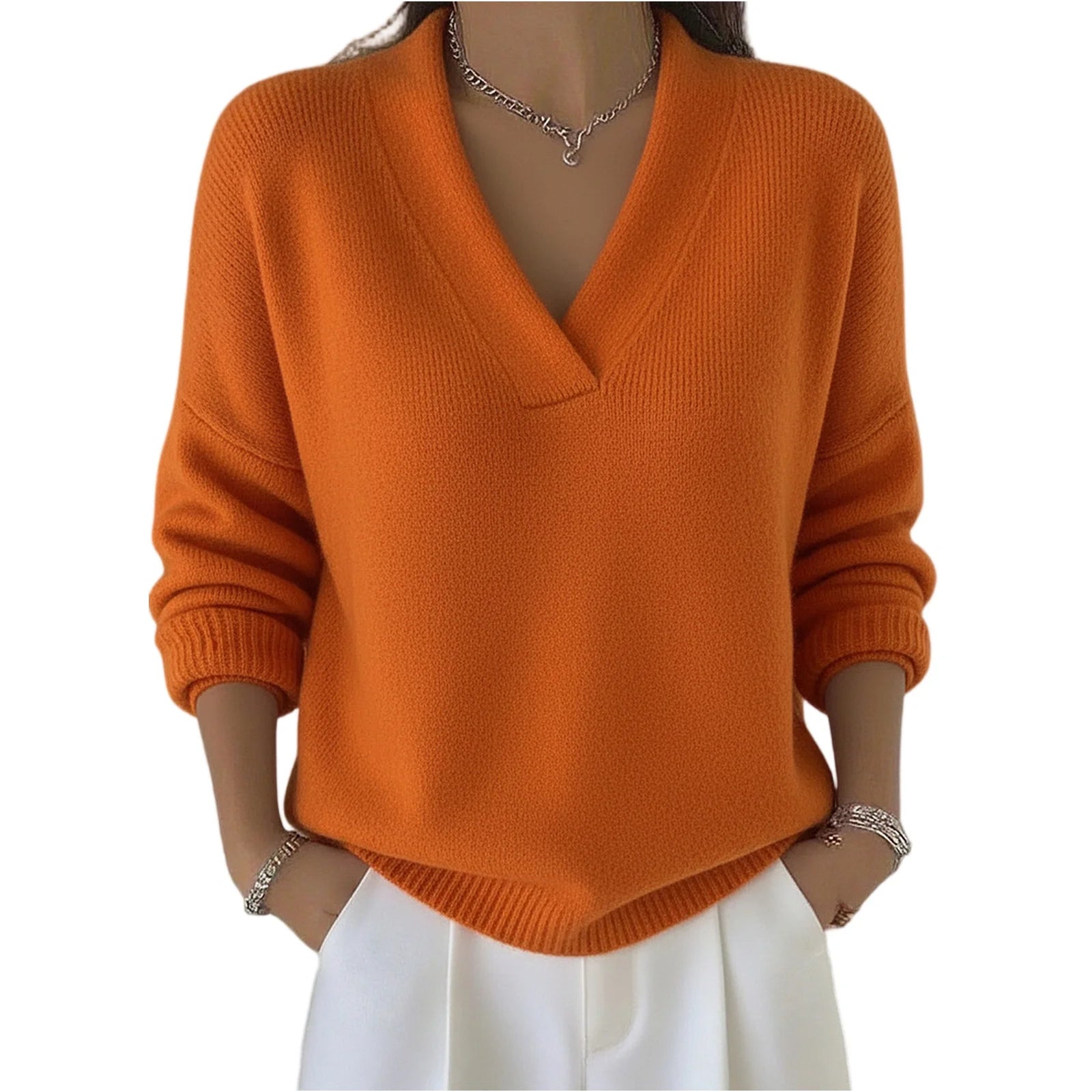 Knitted Sweater Top Pullover Women'S Top Fashionable Long-Sleeved Solid Color V-Neck Daily Multi-Color Popular Network Celebrity