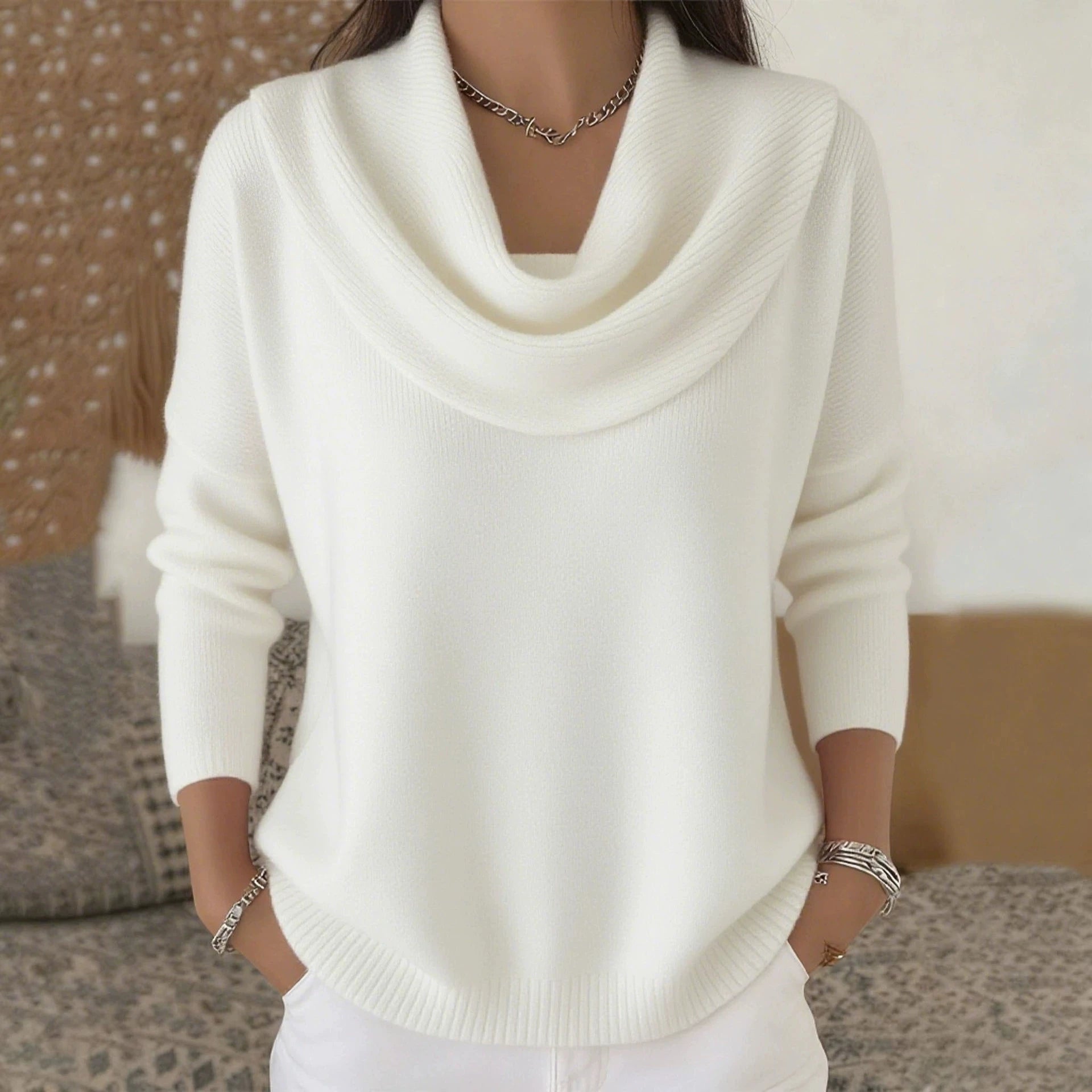 Women Autumn Winter Pullover Sweater New Solid Color Stacked Collar Long Sleeve Comfortable Female Casual Pocket Pullover