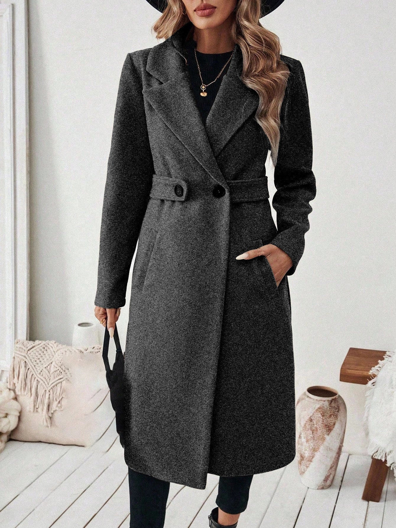 Women's Wool Coat Autumn Winter Casual Lapel Button Belt Long Jacket Woolen Trench Coat Slim-Fit Overcoat