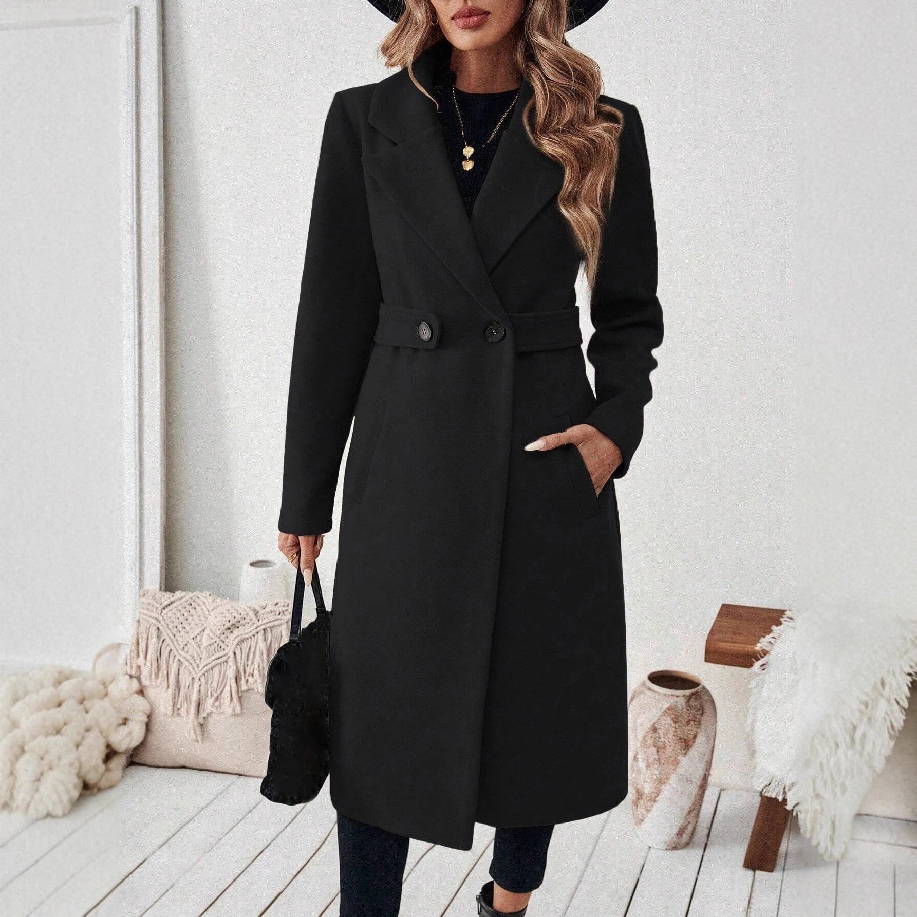 Women's Wool Coat Autumn Winter Casual Lapel Button Belt Long Jacket Woolen Trench Coat Slim-Fit Overcoat