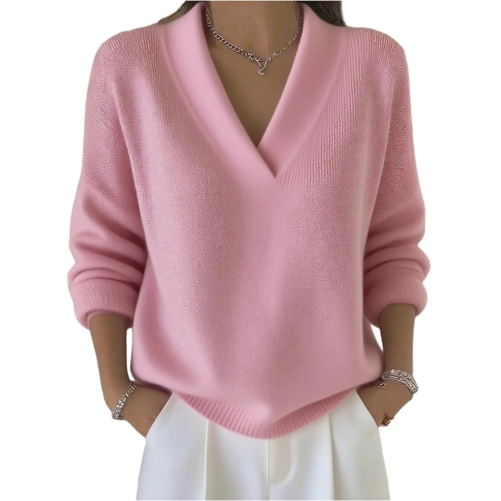 Knitted Sweater Top Pullover Women'S Top Fashionable Long-Sleeved Solid Color V-Neck Daily Multi-Color Popular Network Celebrity