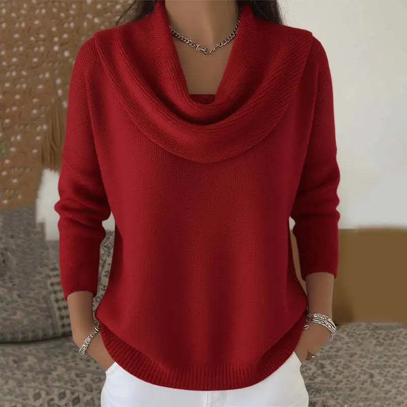 Women Autumn Winter Pullover Sweater New Solid Color Stacked Collar Long Sleeve Comfortable Female Casual Pocket Pullover