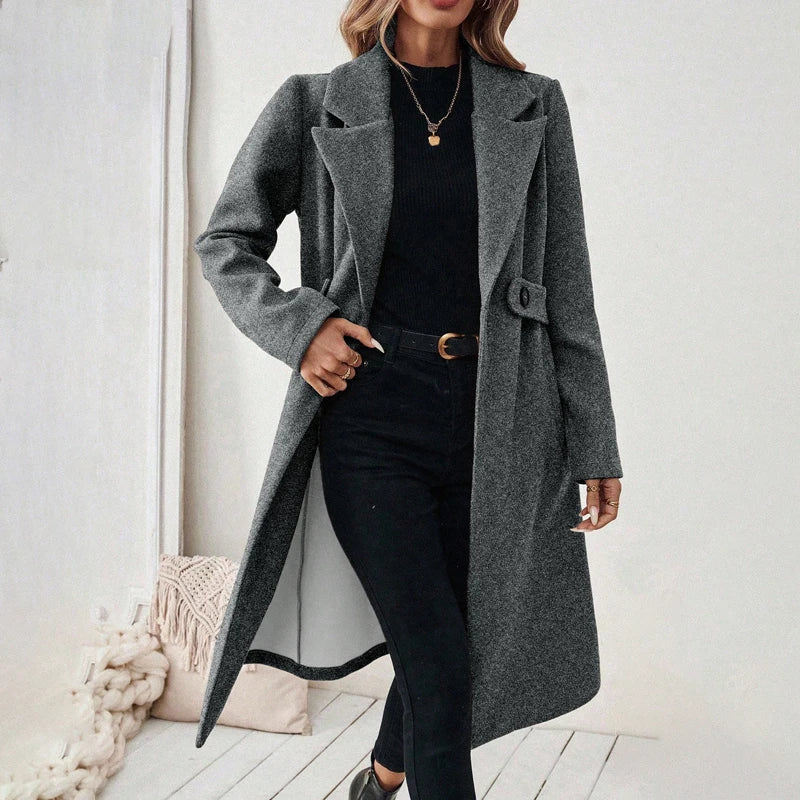 Women's Wool Coat Autumn Winter Casual Lapel Button Belt Long Jacket Woolen Trench Coat Slim-Fit Overcoat