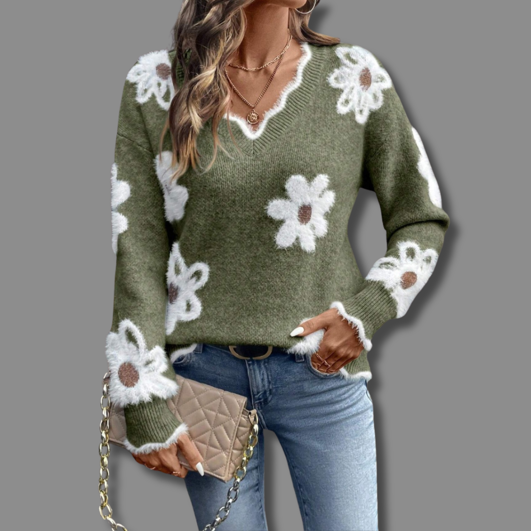 Thea Floral V-Neck Sweater Timeless Vogue