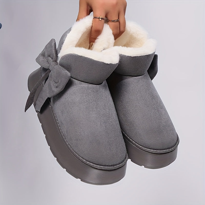 Gezellige Winter Sneeuwlaarzen met Pluche Voering voor Mannen en Vrouwen - Elegante Strikdetail, Zachte Zool, Binnen/Buiten Mode Slippers in Grijs, Roze, Zwart, Beige - Warm Thuis Schoeisel