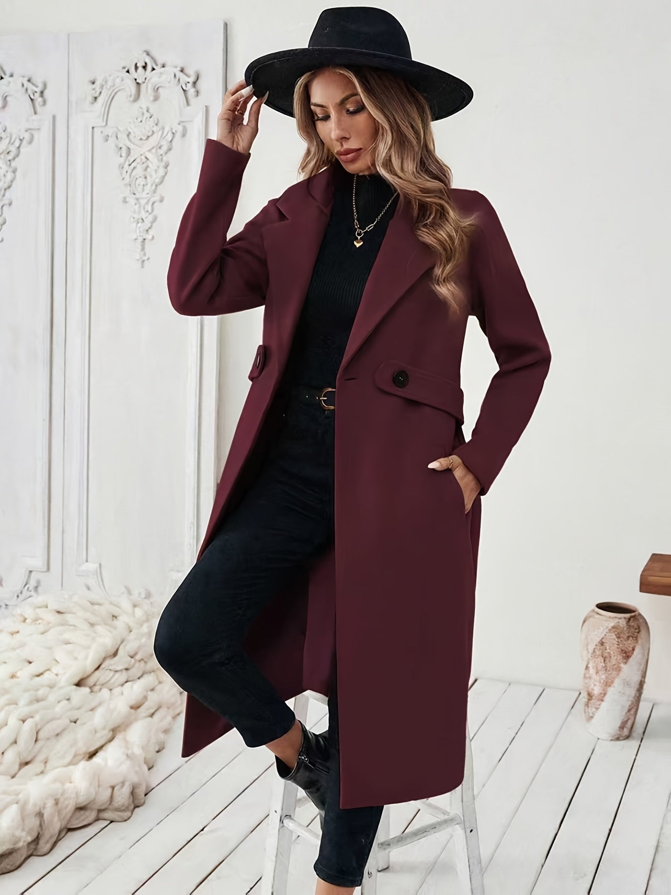Women's Elegant Long Black Tweed Coat with Adjustable Belt - H-Silhouette Asymmetrical Hem, Machine Washable Winter Trench Coat for Fall & Winter, Office to Evening Versatile Outerwear, Notch Lapel Design