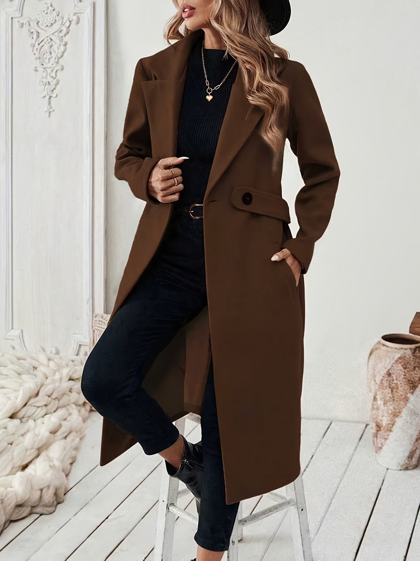 Women's Elegant Long Black Tweed Coat with Adjustable Belt - H-Silhouette Asymmetrical Hem, Machine Washable Winter Trench Coat for Fall & Winter, Office to Evening Versatile Outerwear, Notch Lapel Design
