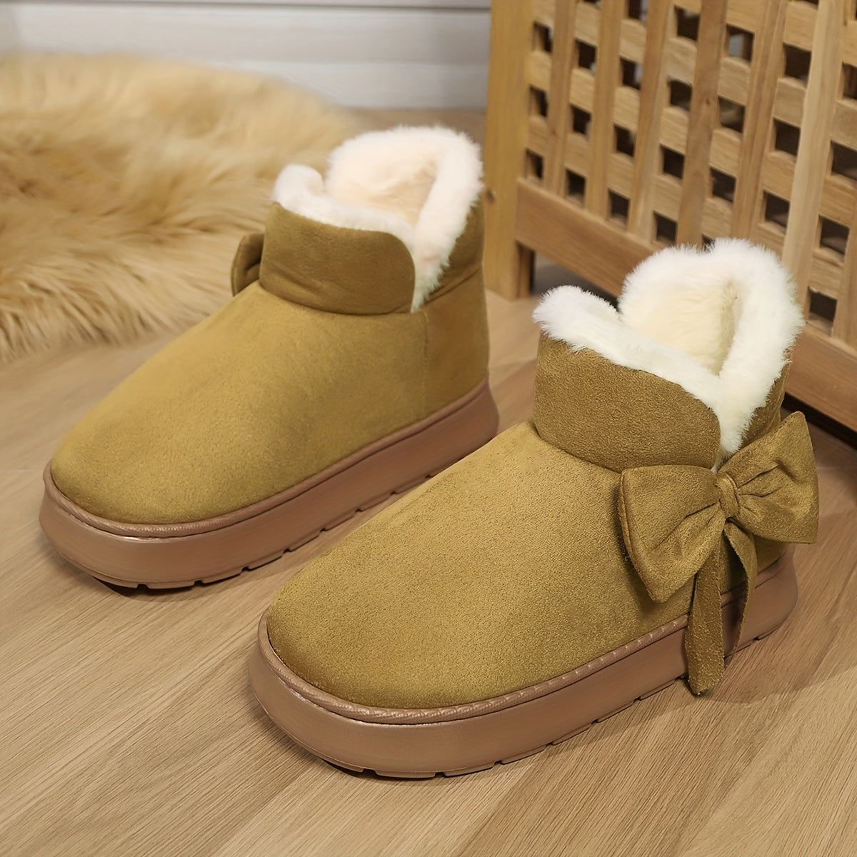 Gezellige Winter Sneeuwlaarzen met Pluche Voering voor Mannen en Vrouwen - Elegante Strikdetail, Zachte Zool, Binnen/Buiten Mode Slippers in Grijs, Roze, Zwart, Beige - Warm Thuis Schoeisel