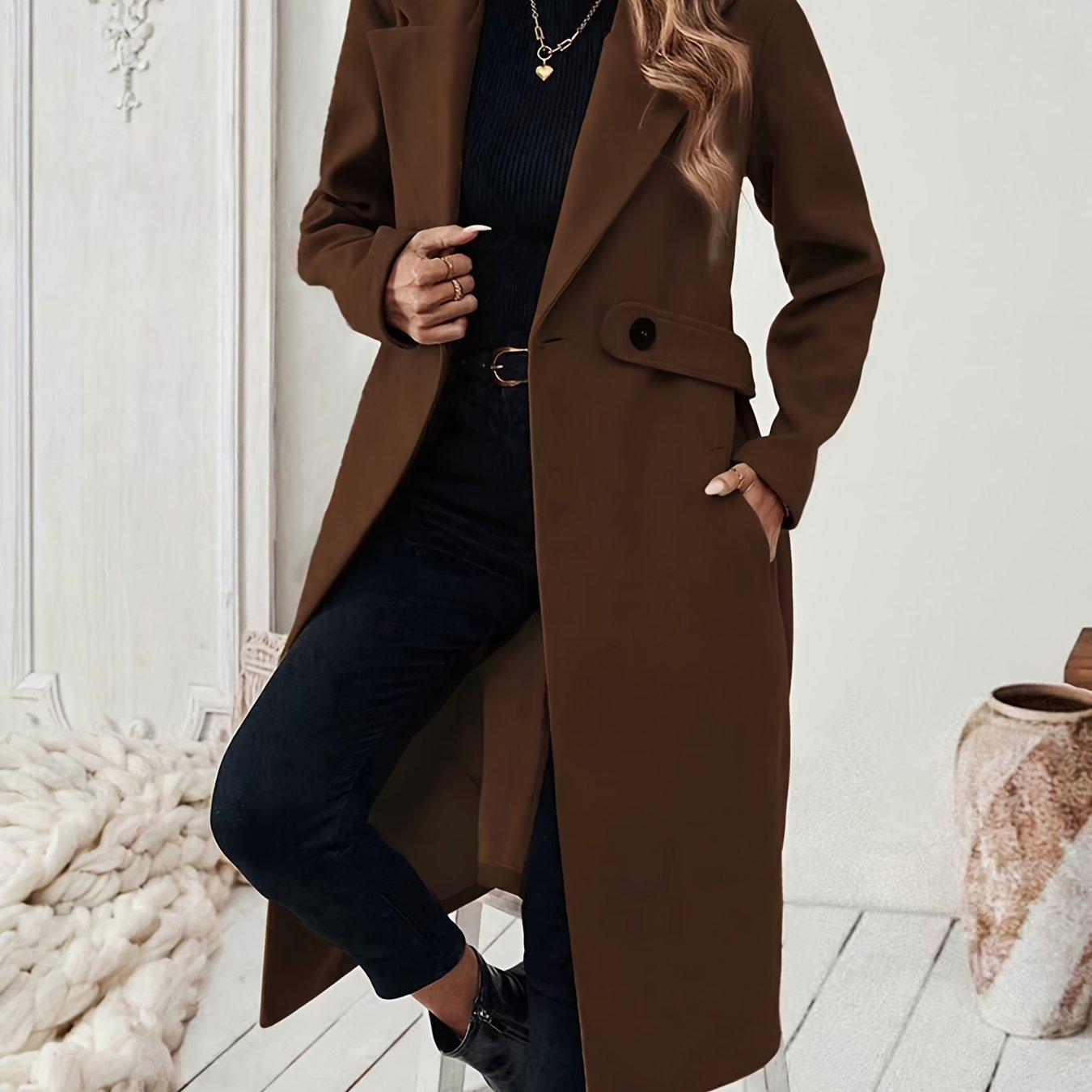 Women's Elegant Long Black Tweed Coat with Adjustable Belt - H-Silhouette Asymmetrical Hem, Machine Washable Winter Trench Coat for Fall & Winter, Office to Evening Versatile Outerwear, Notch Lapel Design