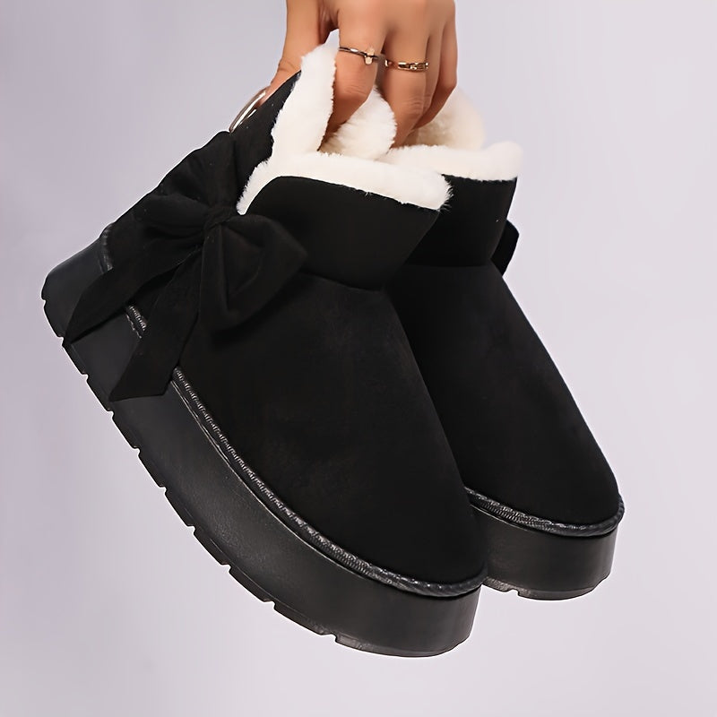 Gezellige Winter Sneeuwlaarzen met Pluche Voering voor Mannen en Vrouwen - Elegante Strikdetail, Zachte Zool, Binnen/Buiten Mode Slippers in Grijs, Roze, Zwart, Beige - Warm Thuis Schoeisel