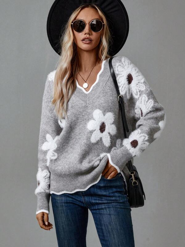 Thea Floral V-Neck Sweater Timeless Vogue