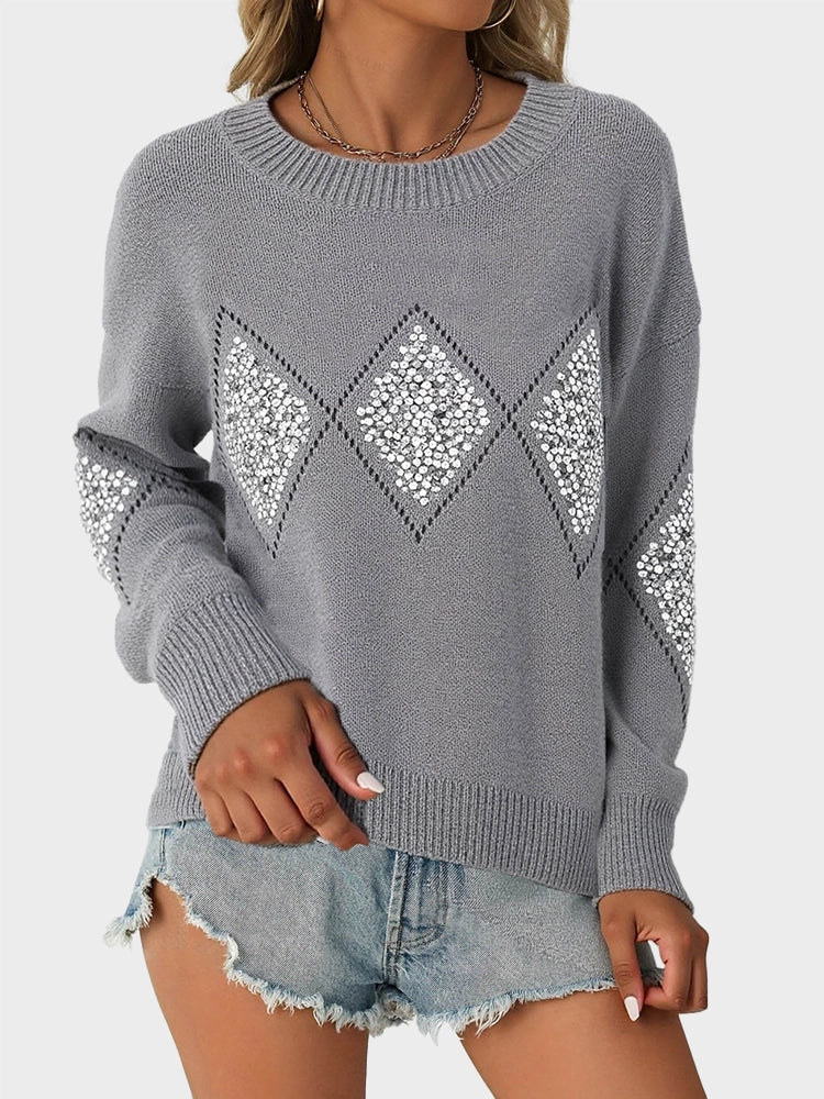 Womens Crew Neck Hollow Out Knit Sweaters  Sequin Pullover Tops Timeless Vogue