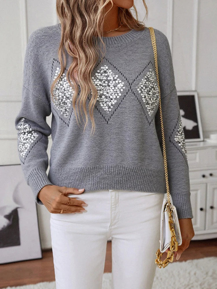 Womens Crew Neck Hollow Out Knit Sweaters  Sequin Pullover Tops Timeless Vogue