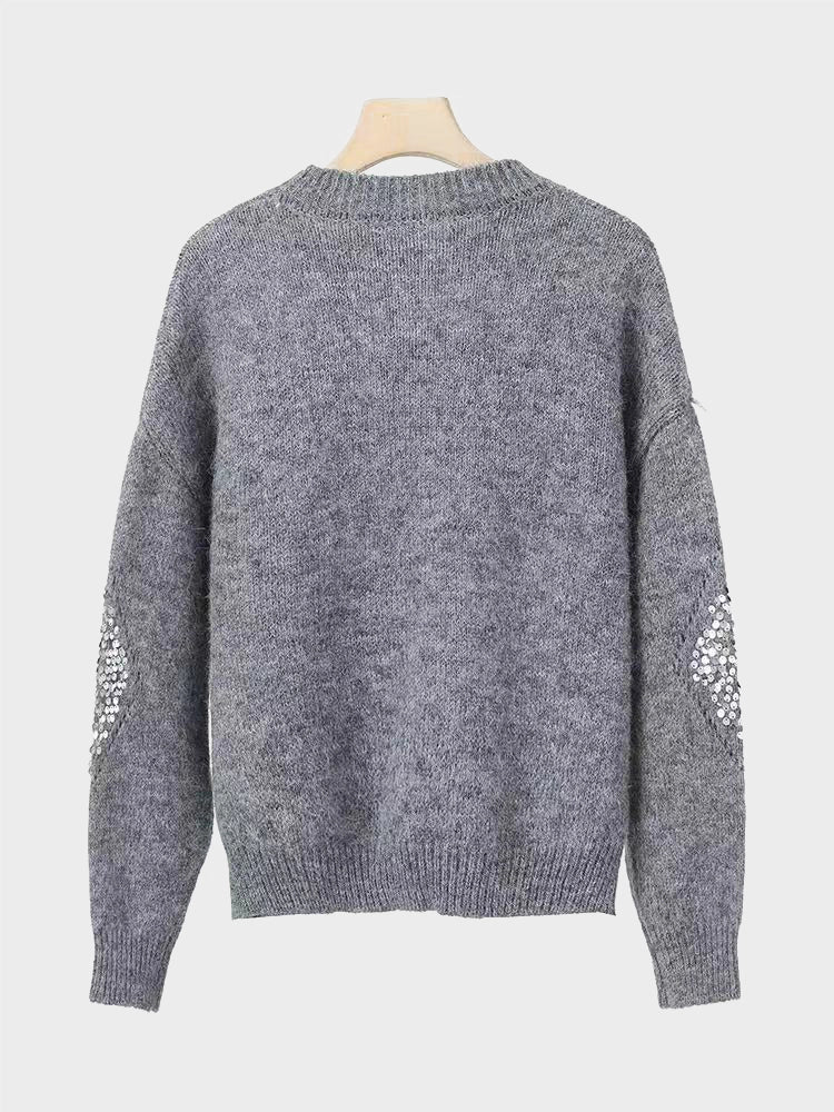 Womens Crew Neck Hollow Out Knit Sweaters  Sequin Pullover Tops Timeless Vogue