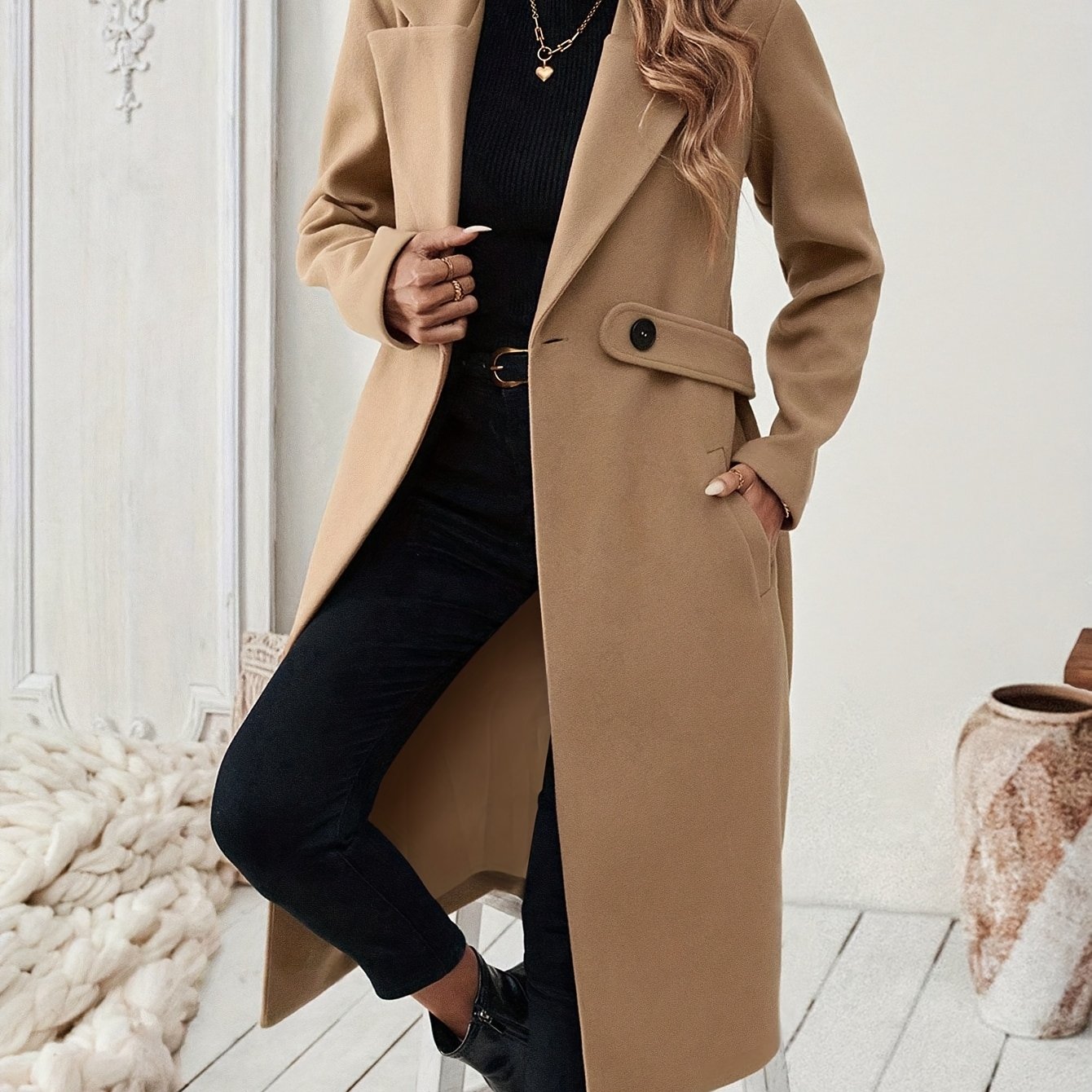 Women's Elegant Long Black Tweed Coat with Adjustable Belt - H-Silhouette Asymmetrical Hem, Machine Washable Winter Trench Coat for Fall & Winter, Office to Evening Versatile Outerwear, Notch Lapel Design