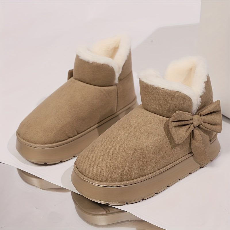 Gezellige Winter Sneeuwlaarzen met Pluche Voering voor Mannen en Vrouwen - Elegante Strikdetail, Zachte Zool, Binnen/Buiten Mode Slippers in Grijs, Roze, Zwart, Beige - Warm Thuis Schoeisel