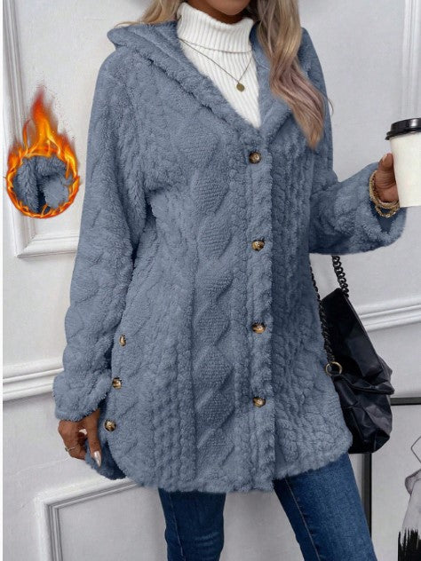 亚马逊temu跨境欧美秋冬女装保暖时尚菱形毛绒连帽开衫外套