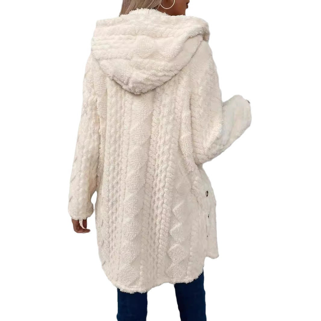 亚马逊temu跨境欧美秋冬女装保暖时尚菱形毛绒连帽开衫外套