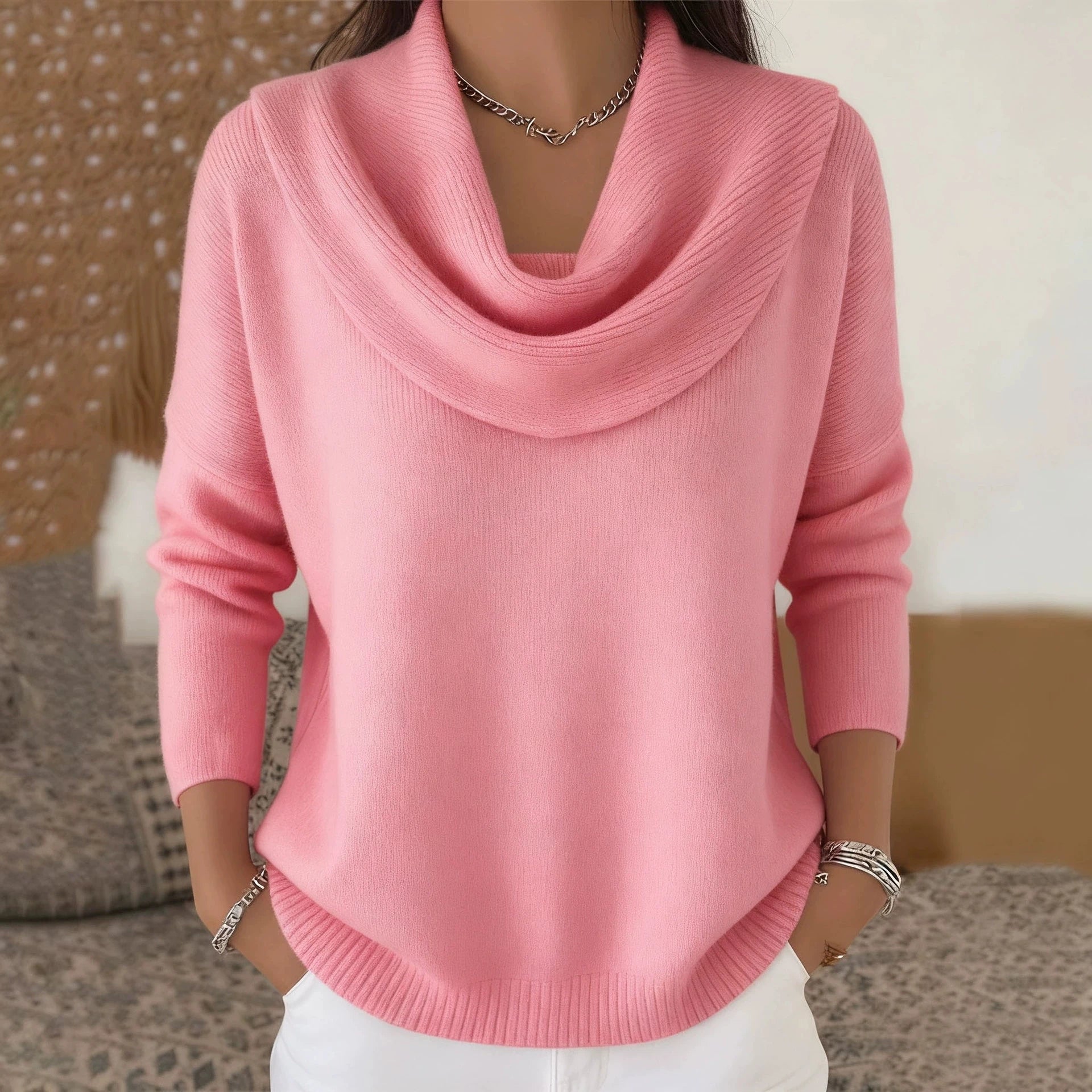 Women Autumn Winter Pullover Sweater New Solid Color Stacked Collar Long Sleeve Comfortable Female Casual Pocket Pullover