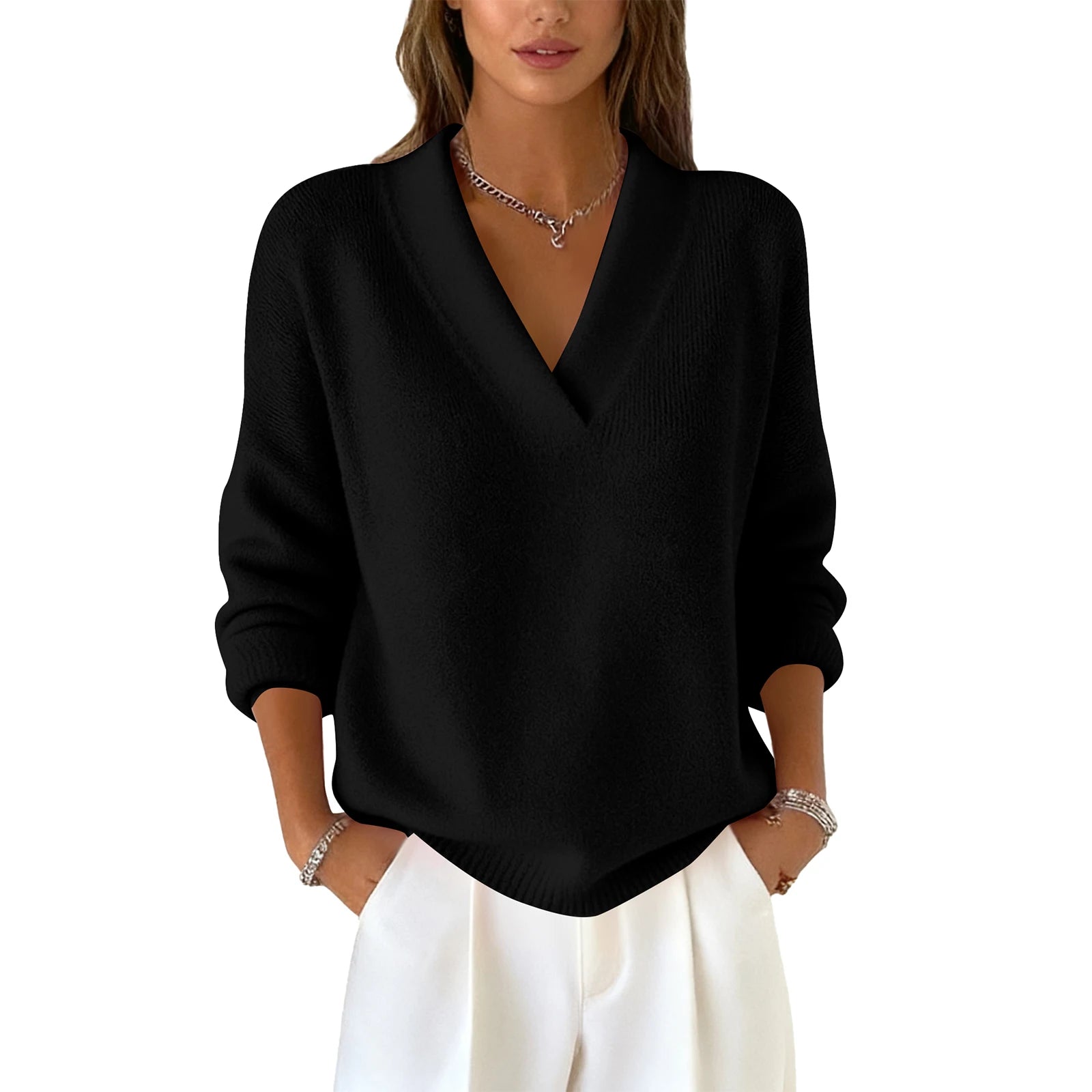 Knitted Sweater Top Pullover Women'S Top Fashionable Long-Sleeved Solid Color V-Neck Daily Multi-Color Popular Network Celebrity