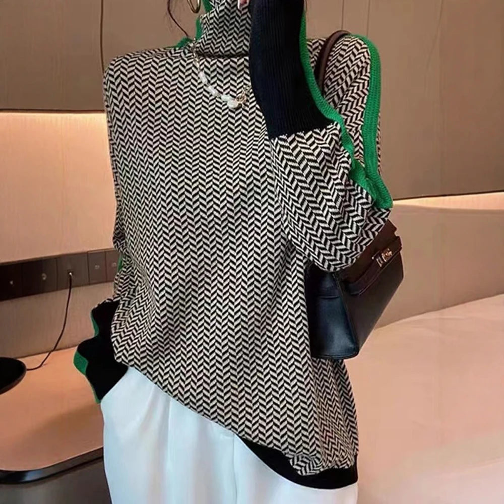 Women's Patchwork Sweaters 2025 Cozy Chic Houndstooth Pattern Contrast Color Blocking Long Sleeve Turtleneck Loose Fit Top