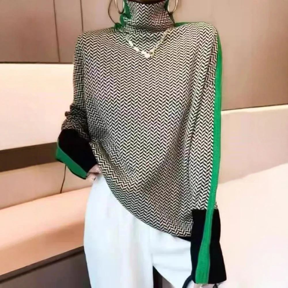 Women's Patchwork Sweaters 2025 Cozy Chic Houndstooth Pattern Contrast Color Blocking Long Sleeve Turtleneck Loose Fit Top