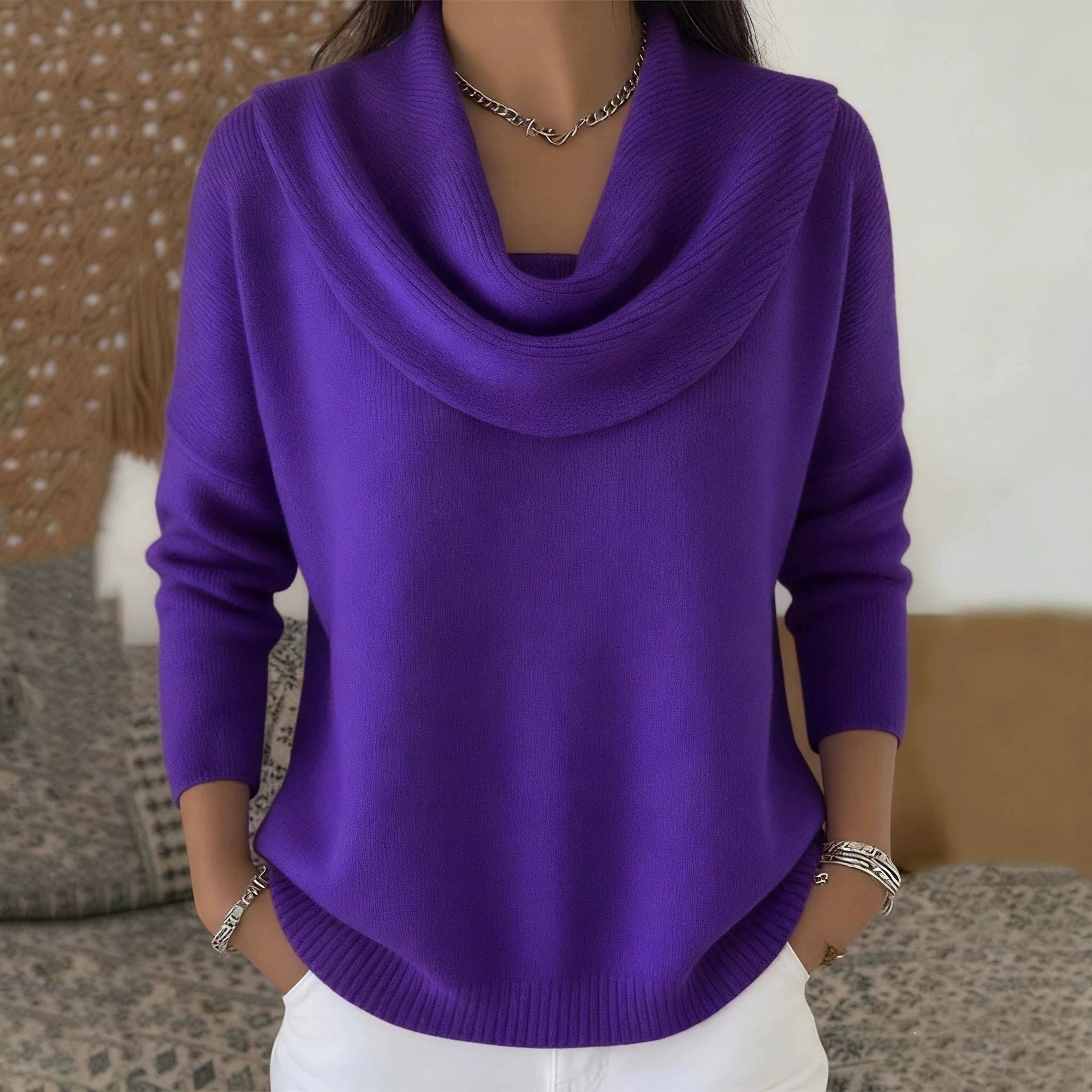 Women Autumn Winter Pullover Sweater New Solid Color Stacked Collar Long Sleeve Comfortable Female Casual Pocket Pullover