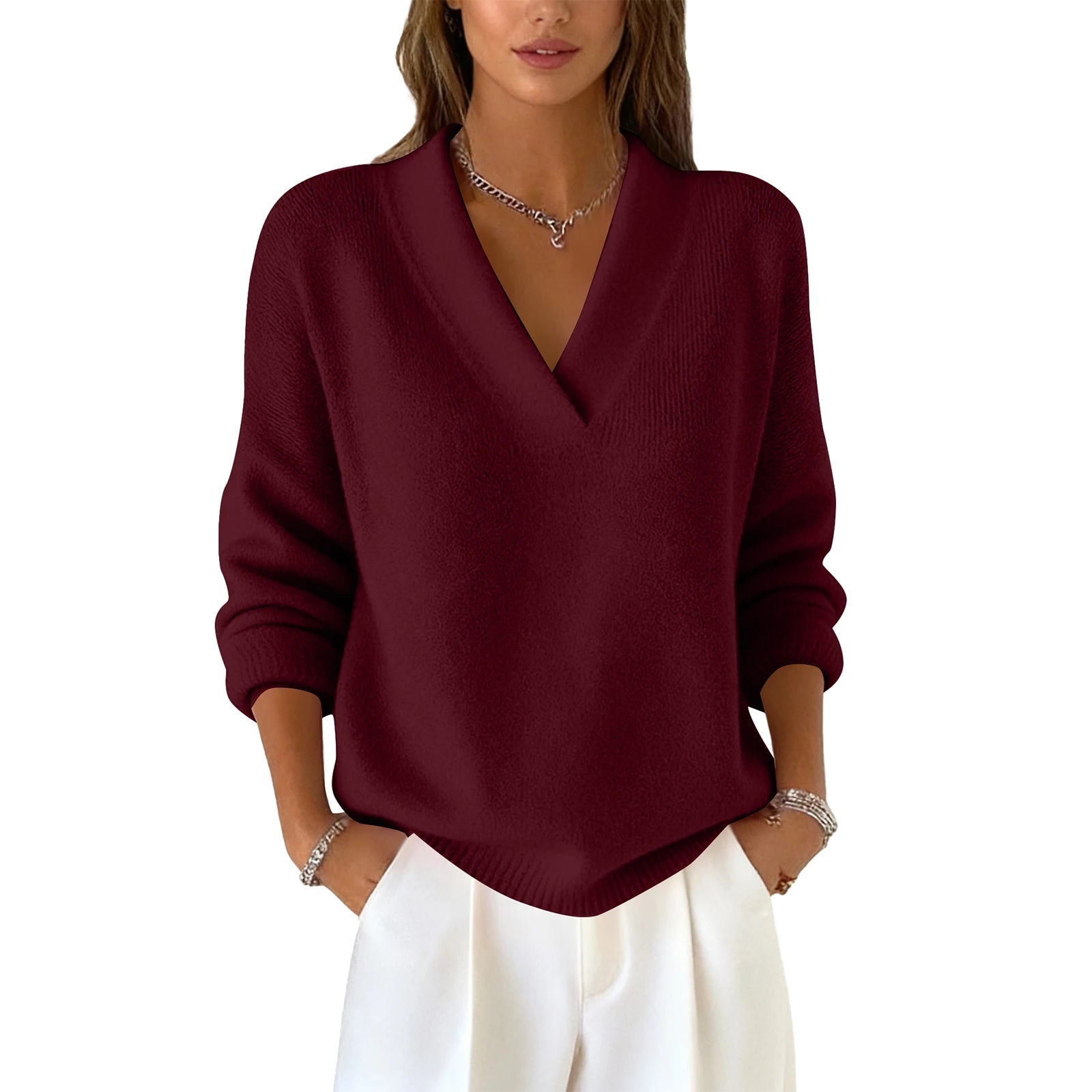 Knitted Sweater Top Pullover Women'S Top Fashionable Long-Sleeved Solid Color V-Neck Daily Multi-Color Popular Network Celebrity