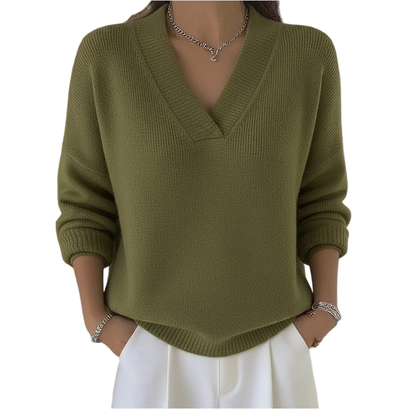 Knitted Sweater Top Pullover Women'S Top Fashionable Long-Sleeved Solid Color V-Neck Daily Multi-Color Popular Network Celebrity