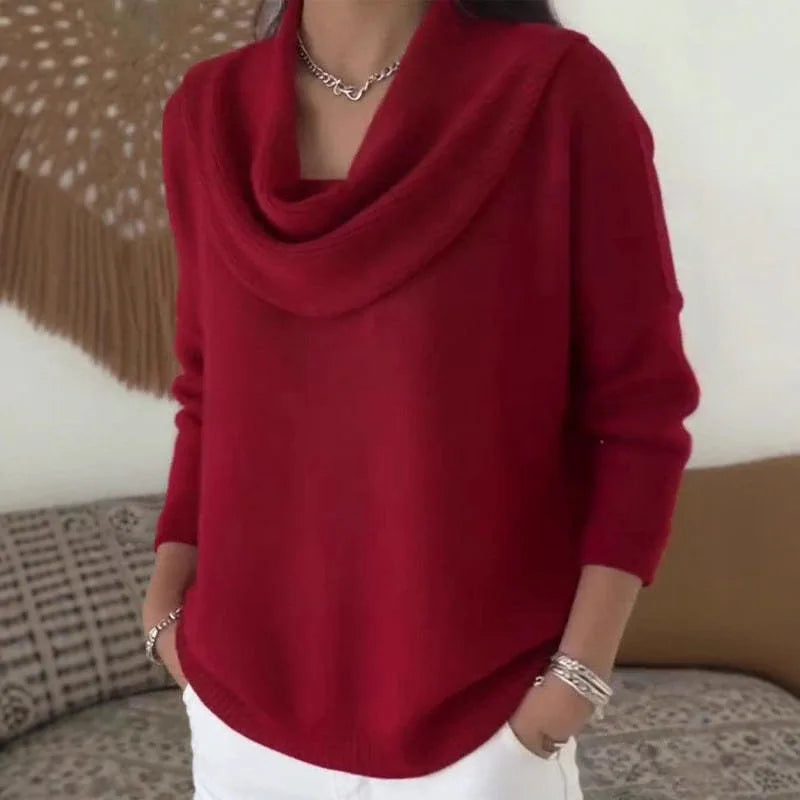 Women Autumn Winter Pullover Sweater New Solid Color Stacked Collar Long Sleeve Comfortable Female Casual Pocket Pullover