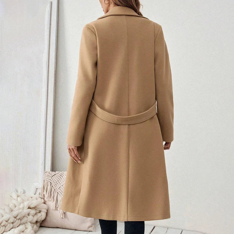 Women's Wool Coat Autumn Winter Casual Lapel Button Belt Long Jacket Woolen Trench Coat Slim-Fit Overcoat