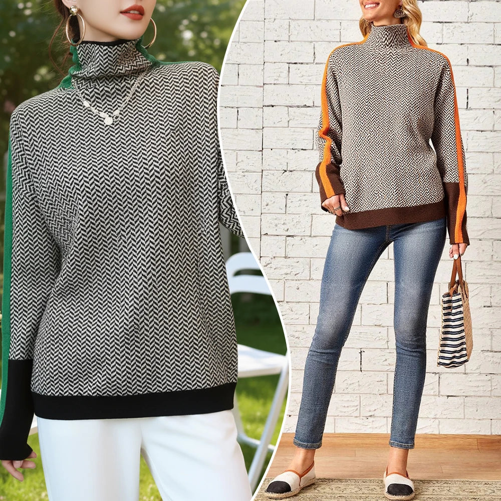 Women's Patchwork Sweaters 2025 Cozy Chic Houndstooth Pattern Contrast Color Blocking Long Sleeve Turtleneck Loose Fit Top