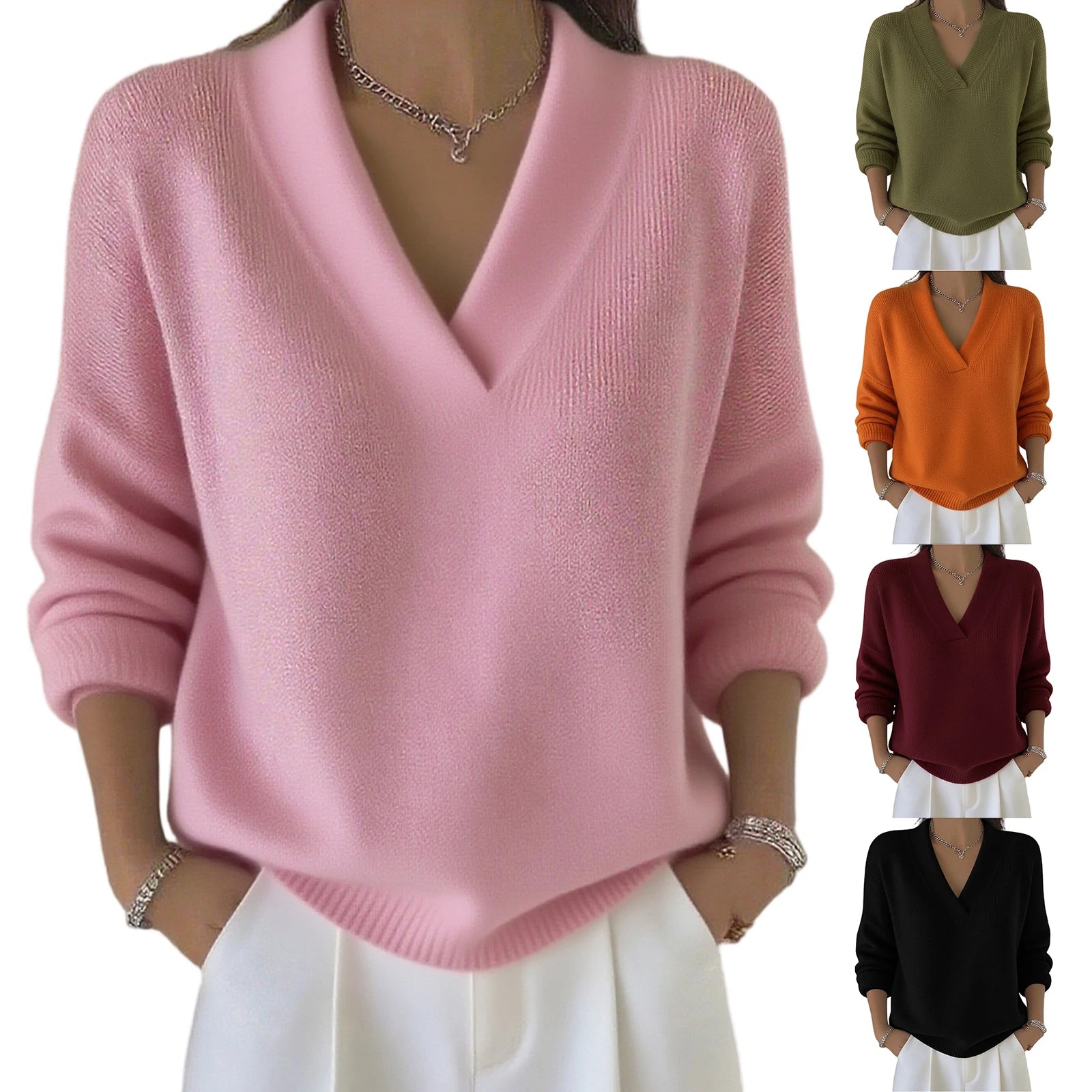 Knitted Sweater Top Pullover Women'S Top Fashionable Long-Sleeved Solid Color V-Neck Daily Multi-Color Popular Network Celebrity